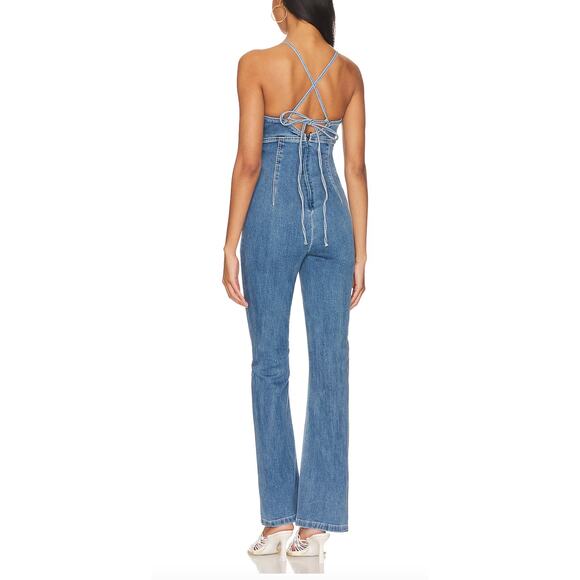 Revolve Jean Jumpsuit Flare Tie Back LARGE Jean Retro 70s More to Come $84 NEW - Picture 3 of 7